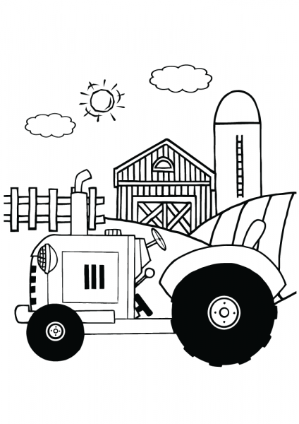 Tractor on a Farm coloring page image