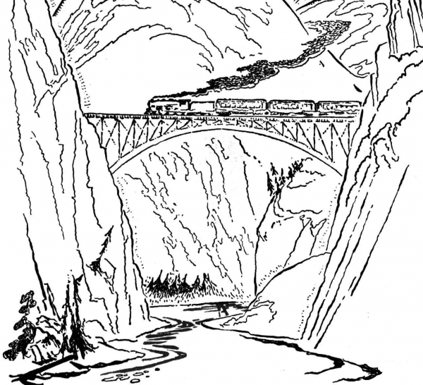 Train On The Bridge  coloring page image