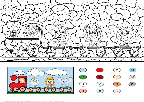 Train with Lion, Elephant and Rhino Color by Number image