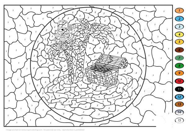 Treasure Chest on an Island Color by Number image