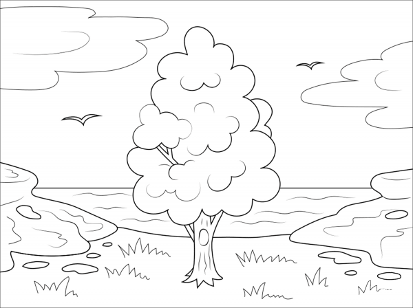 Tree and Sea coloring page image
