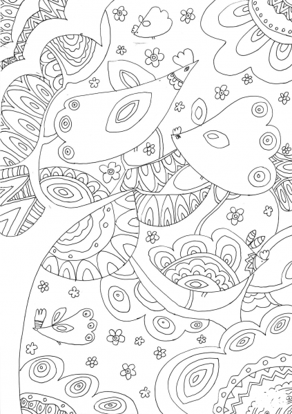Trees and Birds coloring page image
