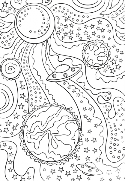 Trippy Space – Alien Flying Saucer and Planets coloring page image