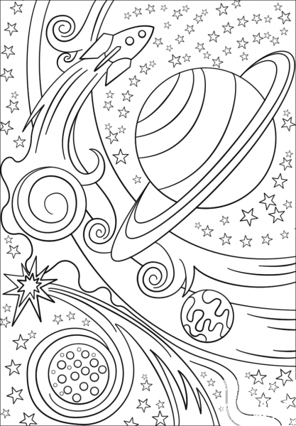 Trippy Space – Rocket and Planets coloring page image