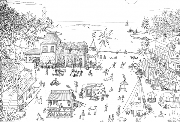Tropical Village coloring page image