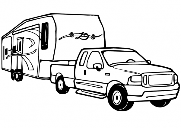 Truck and Rv Camper Trailer coloring page image