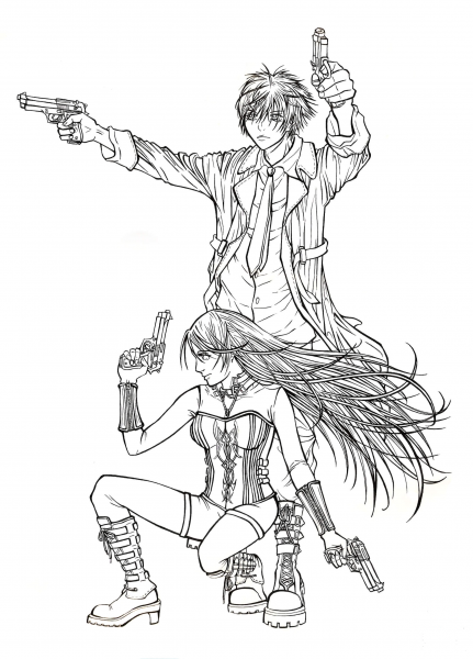 Tsukune Aono and Moka Akashiya from manga Rosario to Vampire coloring page image
