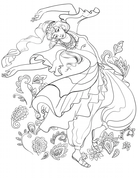 Turkish Woman Dancing in Traditional Dress coloring page image