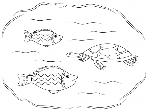Turtle And Fishes Aboriginal Art coloring page image