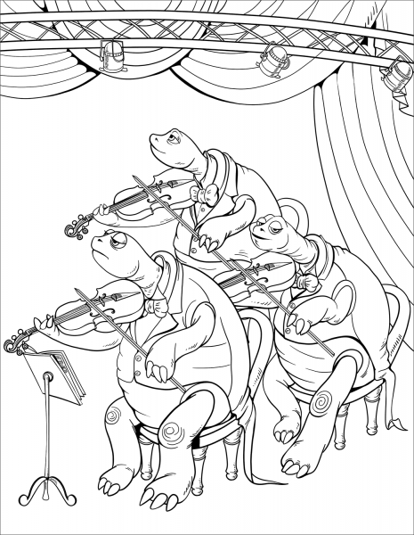 Turtles Playing Violin coloring page image
