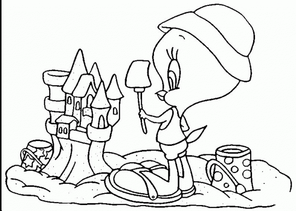 Tweety and Sand Castle coloring page image