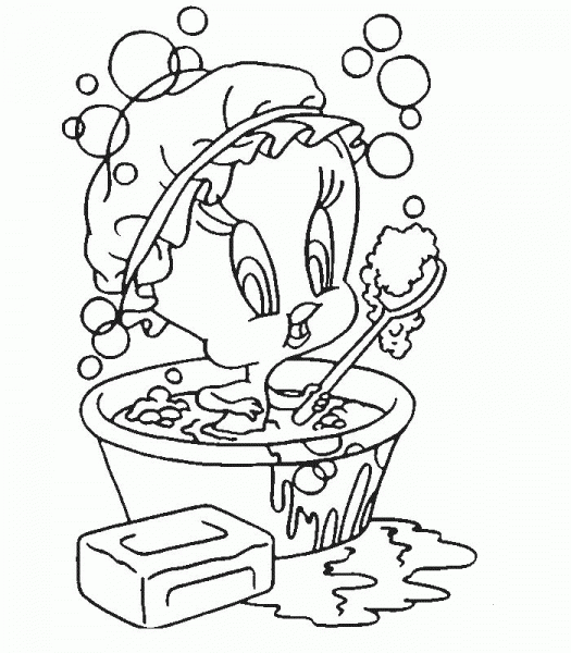 Tweety is Taking Bath coloring page image