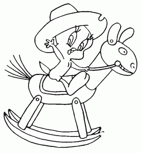 Tweety on Toy Horse coloring page image
