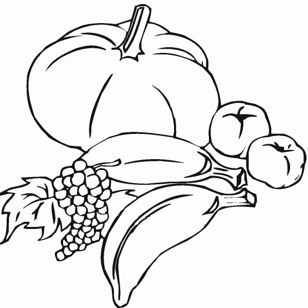 Two Bananas, Pumpkin, Grapes and Peaches coloring page image