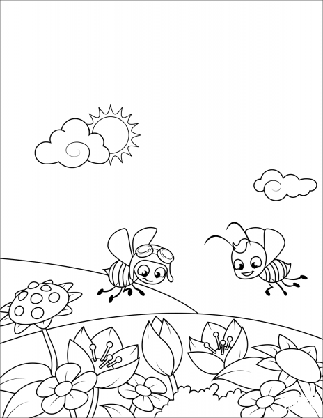 Two Bees Fly over a Flowering Meadow coloring page image