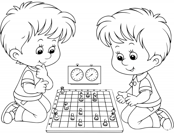Two Boys Playing Chess coloring page image