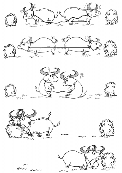 Two Bulls and Hay coloring page image