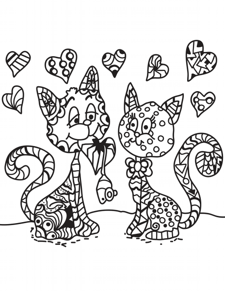 Two Cats in Love Zentangle coloring page image