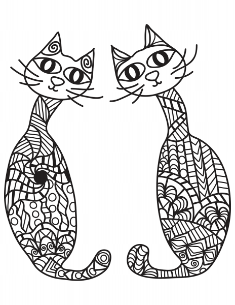 Two Cats in Zentangle Style coloring page image