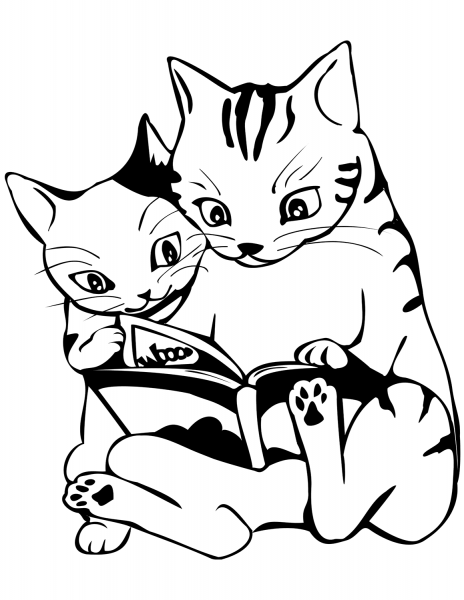 Two Cats Reading a Book coloring page image