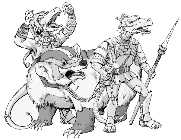 Two DND Kobolds and Giant Badger coloring page image