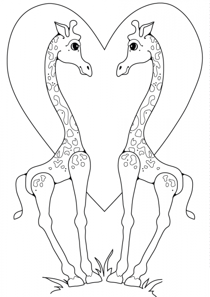 Two Giraffes in Love coloring page image