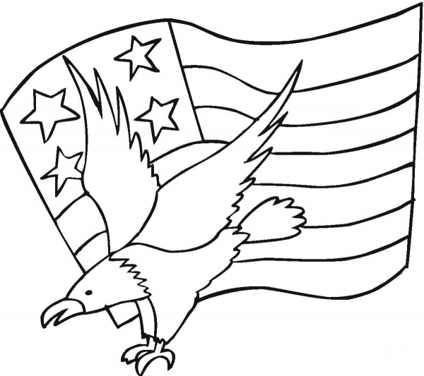 Bald Eagle and National Flag coloring page image