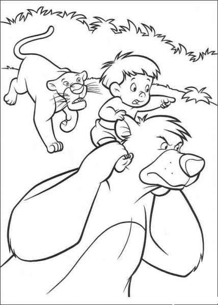 Baloo Bagheera And A Boy Is Running Together  coloring page image