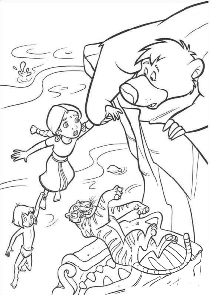 Baloo Try To Catch The Indian Girl And Mowgli  coloring page image