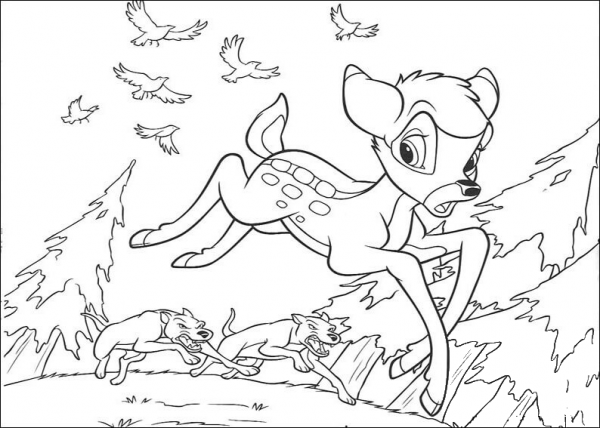 Bambi Is Running Away From The Wolf  coloring page image