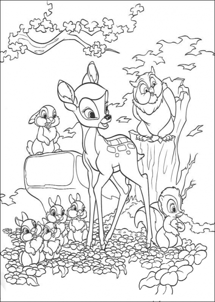 Bambi, Owl, Thumper And Flower  coloring page image