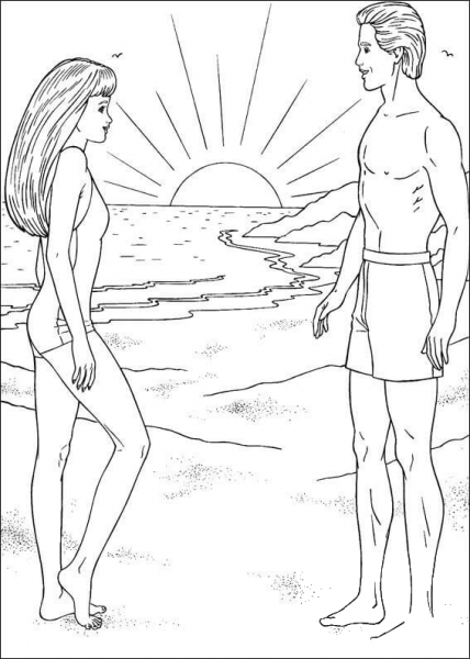 Barbie and Ken on a Beach  coloring page image