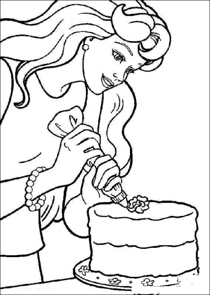 Barbie decorating a cake coloring page image