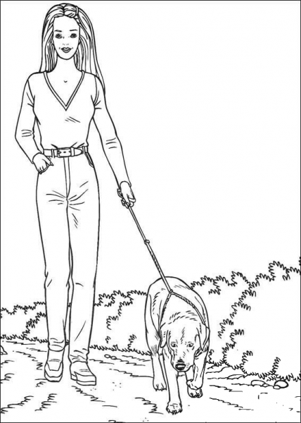 Barbie is walking the dog coloring page image