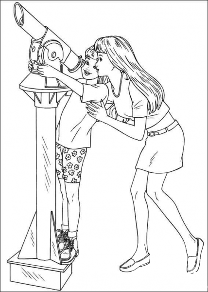 Barbie looking through telescope coloring page image