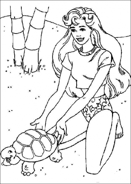 Barbie plays with turtle coloring page image
