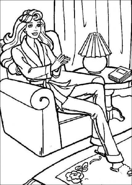 Barbie sits in a chair coloring page image