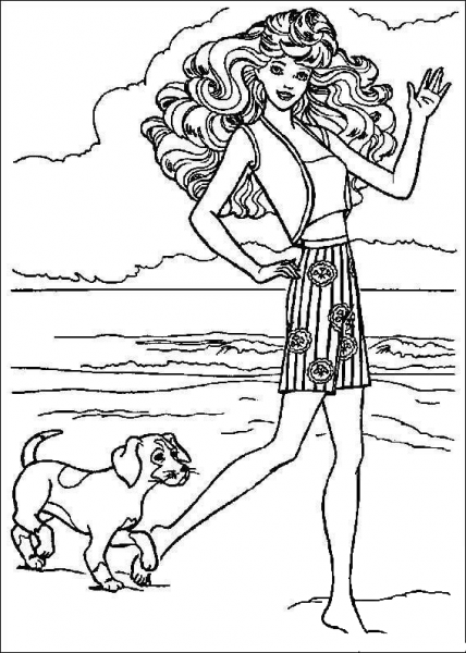 Barbie walks with dogs  coloring page image