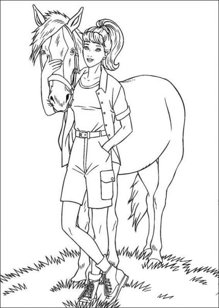 Barbie with a horse coloring page image