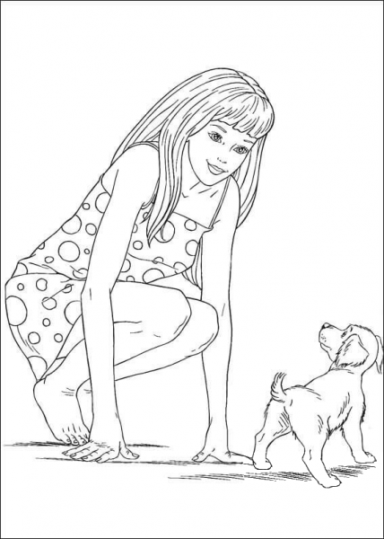 Barbie with little dog coloring page image
