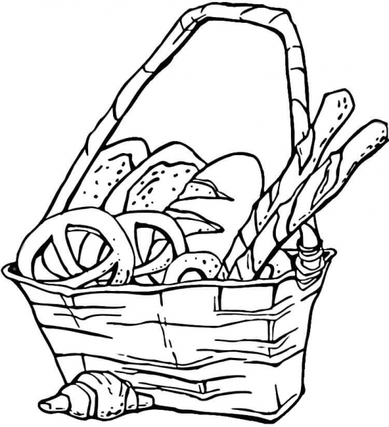 Basket of Pretzels and Bread  coloring page image