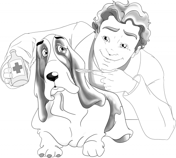 Basset and Veterinarian coloring page image