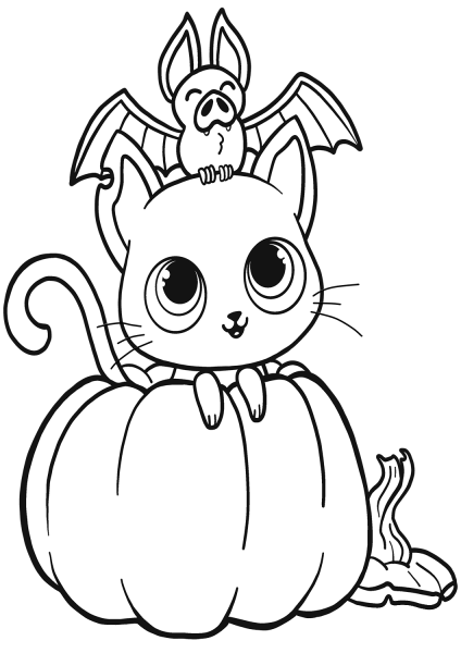 Bat, Cat and Pumpkin coloring page image