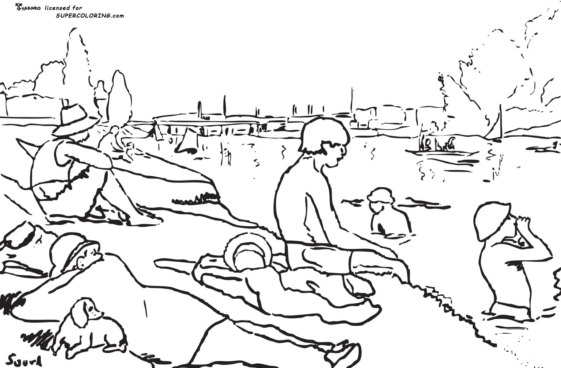 Bathers at Asnieres by Georges Seurat coloring page - ColouringPages