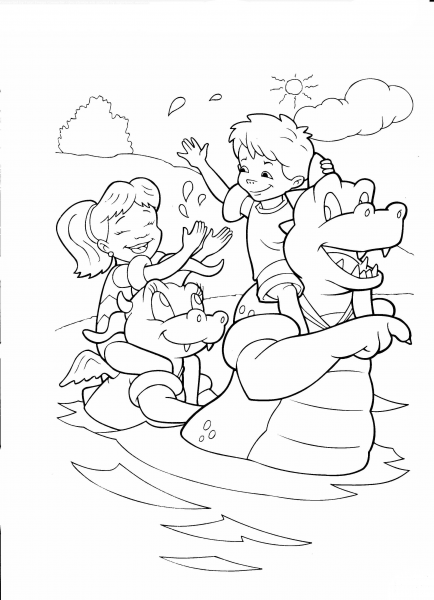 Bathing In The Lake with dragons coloring page image