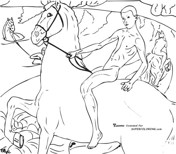 Bathing Of A Red Horse By Kuzma Petrov Vodkin  coloring page image