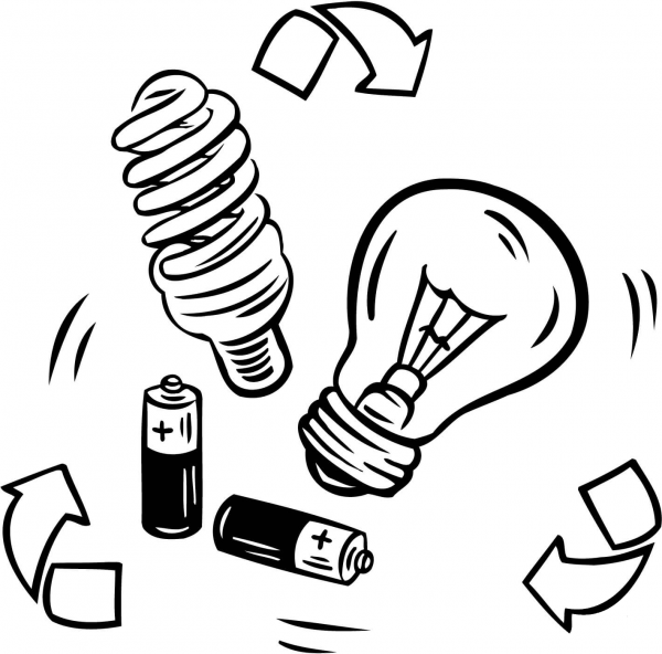 Battery and Bulb Recycling coloring page image