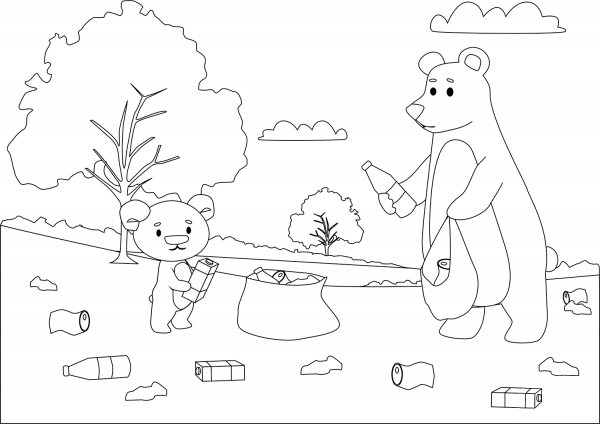 Bears Picking up the Trash coloring page image