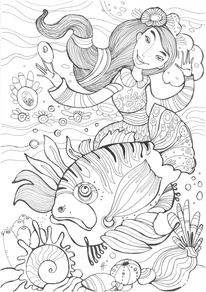 Beautiful Mermaid Witch and Ugly Fish coloring page image