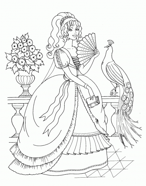 Beautiful Princess and Peacock coloring page image